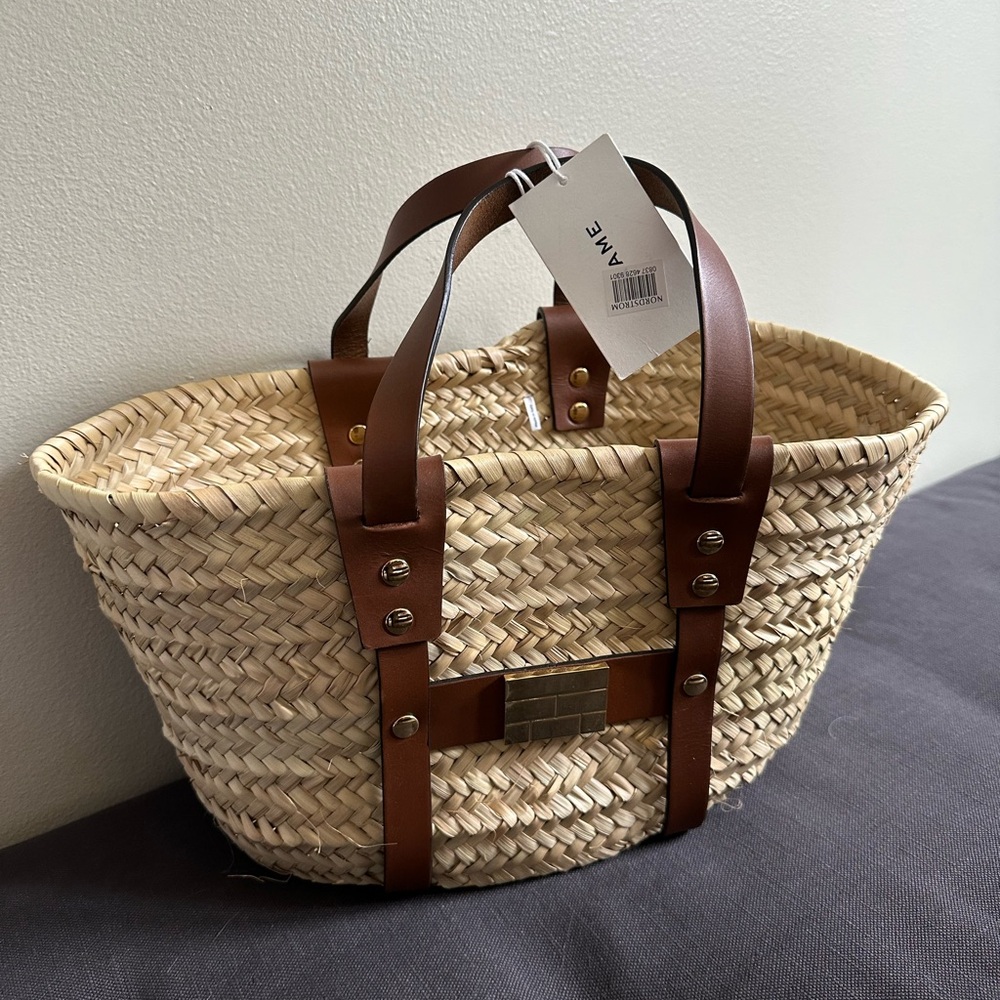 Frame Denim Natural Straw Tote with Brown Leather Trim